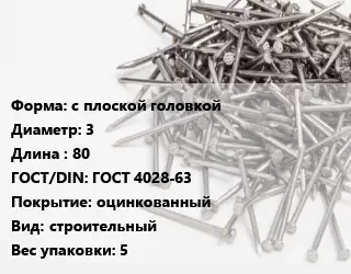 Гвоздь с плоской головкой 3х80 ГОСТ: ГОСТ 4028-63 оцинкованный строительный 5